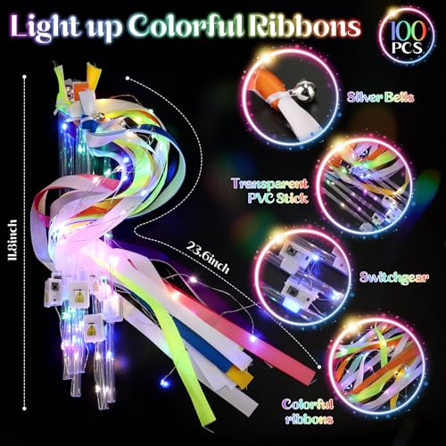 100 PCS Light Up Wands for Wedding, Wedding Favors with 3 Colorful Flashing Modes, Fairy Wands with Colorful ribbons, Lace and Bells for Wedding, New Year, Raves, Concert, Birthday