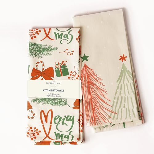 The Fine Living Co. 100% Cotton Merry Christmas Kitchen Towels, 18'x28' Set of 2 (Cherry Red & Green)