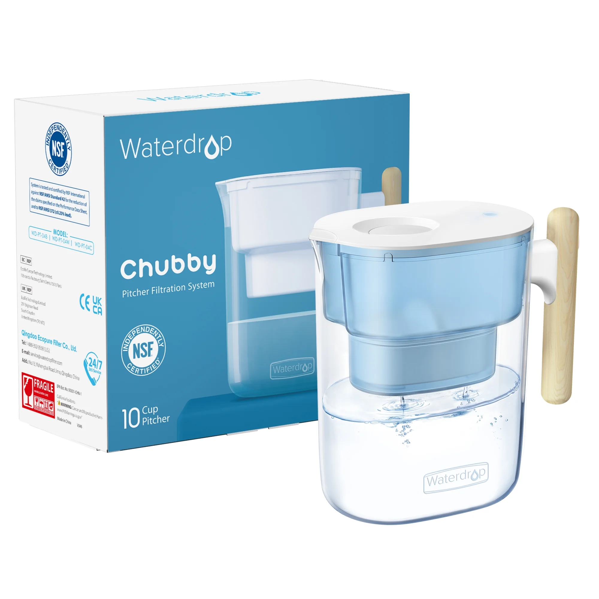 10-Cup Water Filter Pitcher with 1 Filter, Waterdrop Chubby, 7-stage, 200 gallons, 5X Times Lifetime Filtration Jug, Reduces Fluoride, Chlorine and More, BPA Free, Blue