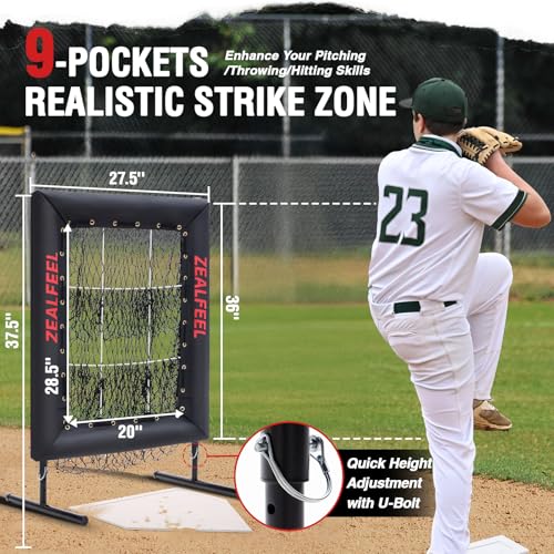 Baseball Pitching Net Pro, 9 Hole Pitching Net with Strike Zone Target, 5 Height Adjustable, Portable Easy Setup Trainer Net for Baseball & Softball with Ball, Home Plate & Pitching Rubber