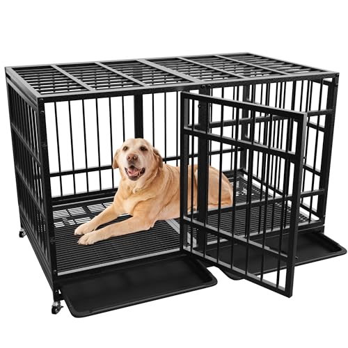 48 Inch Heavy Duty Dog Crate for Large Dogs Indestructible Dog Cage XL High Anxiety with Wheels Impact Escape-Proof Dogs Crate Kennel Indoor with Locks and 2 Removable Trays