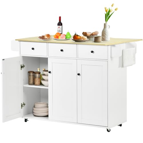 FurnitureR Mobile Kitchen Island Cart with Drop Leaf – Rolling Storage Cabinet, Light Oak Top, Space-Saving Prep Table with Towel Rack for Small Kitchens, Apartments, Dining Areas, 47.3