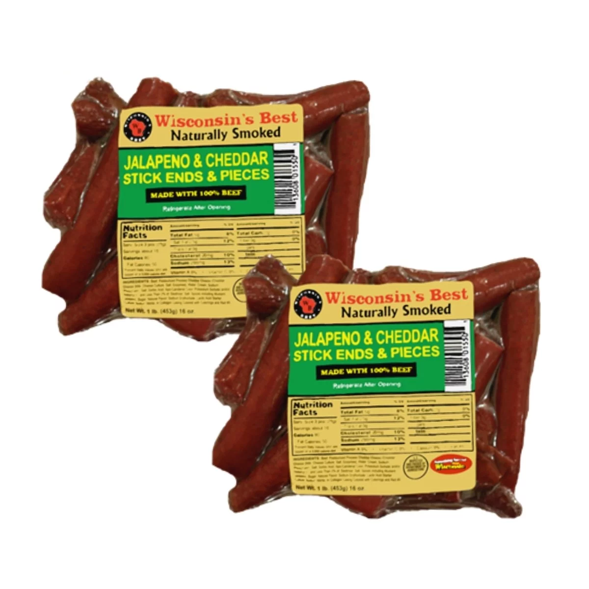 WISCONSIN'S BEST - 100% Beef Snack - Ends and Pieces Stick Pack.  Naturally Smoke Beef Sticks Full of Flavor, High Protein, Low Carb, Keto Friendly, 2 lbs. (2-16 oz. Packages)