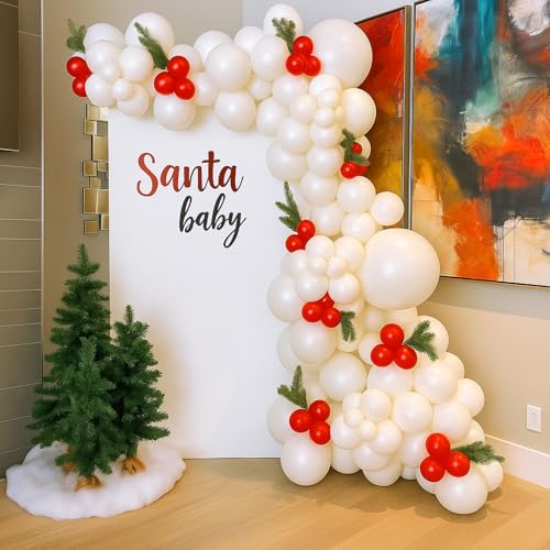 Jenaai 178 Pcs Santa Baby Shower Balloon Arch Kit Christmas Baby Shower Decor Red White Balloon Holly Berry Shape Arch with Artificial Pine Needles Branches for Xmas Party Decor Santa Birthday Party