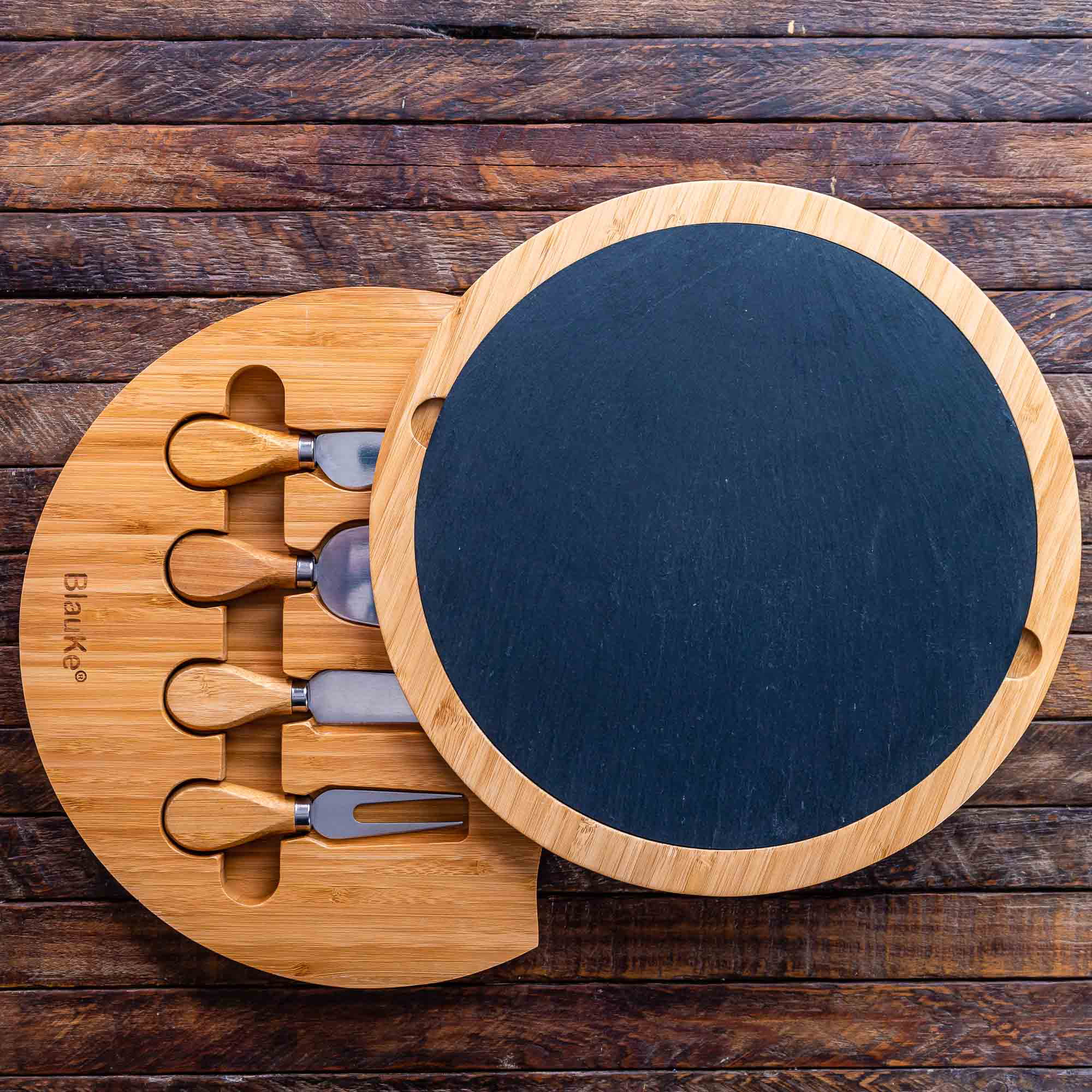 BlauKe® Bamboo Cheese Board with Knife Set and Slate – 12 inch Round Charcuterie Board, Serving Tray, Platter, Wood Cheese Board Set – Gift Idea
