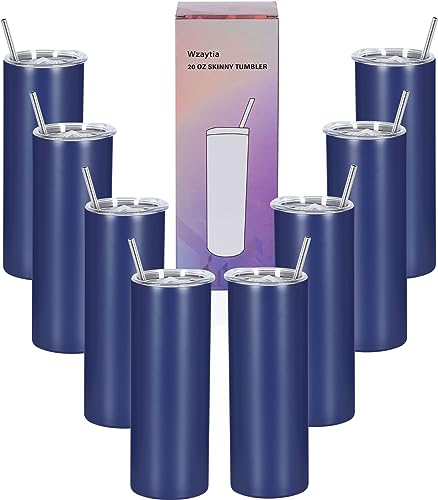 20 Oz Stainless Steel Straight Skinny Tumbler Set (8 Pack), Insulated Slim Thin Travel Cup with Lid, Black