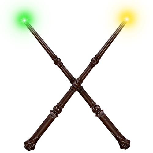 Light Up Magic Wizard Wand with Sounds & 4 Color Lights Illuminating Witch Toys for Kids Cosplay Party Birthday Gift, Brown, 2PCS