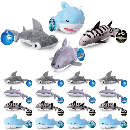 16 Sets Shark Party Favors Mini Shark Stuffed Animal with Lanyard and Educational Cards Sea Animal Plush Bulk for Kids Ocean Party Gifts