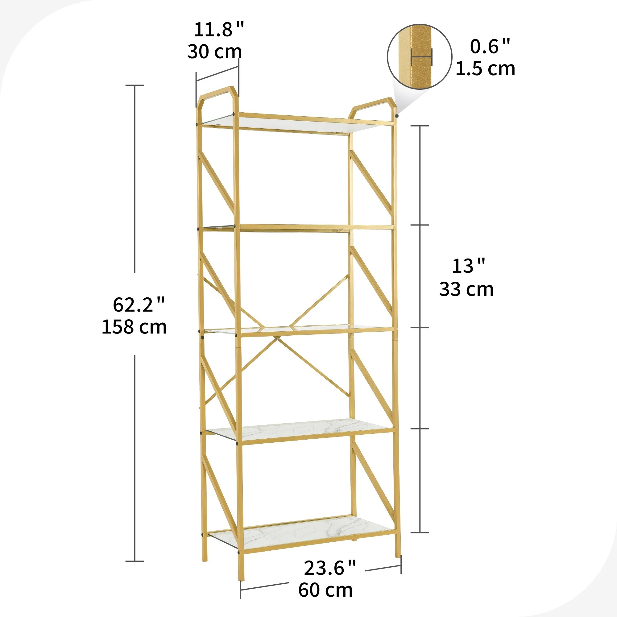 WedealFu Inc 5-Tier Bookshelf 62-inch Tall Gold Metal and Glass Bookcase