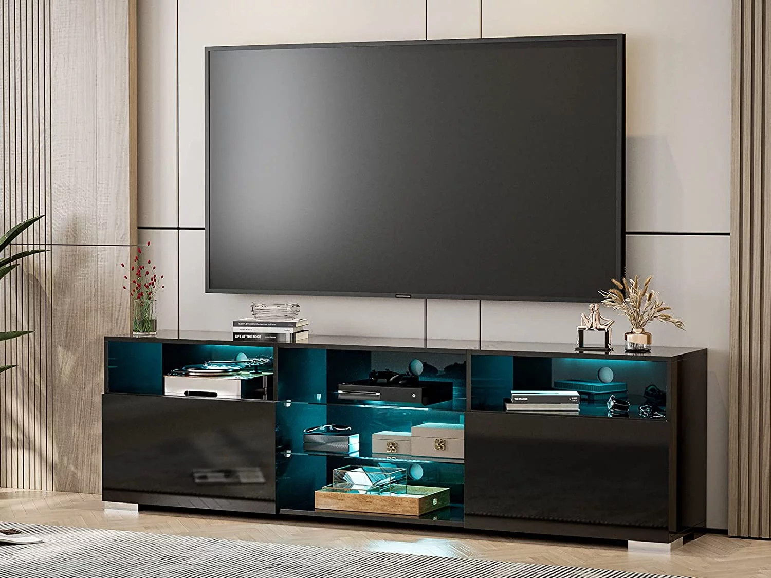 IKIFLY LED TV Stand for 75 inch TV, Modern Entertainment Center w/ 16 Colors Lights and High Glossy Cabinets, Black TV & Media Furniture Console for Under TV Living Game Room Bedroom