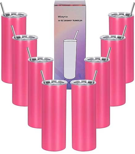 20 Oz Stainless Steel Straight Skinny Tumbler Set (8 Pack), Insulated Slim Thin Travel Cup with Lid, Black