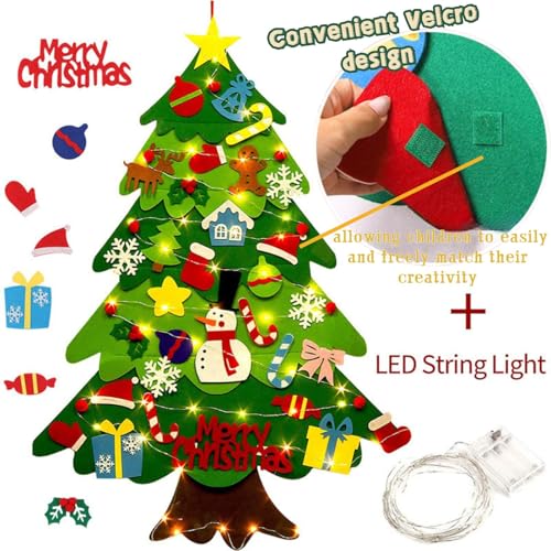 Montessori Felt Christmas Tree for Toddlers, 3ft DIY Felt Christmas Tree Set, Including 32 Decorative Items and LED Lights ， Suitable for bedrooms,Door Wall, Window Decor Hanging Decorations
