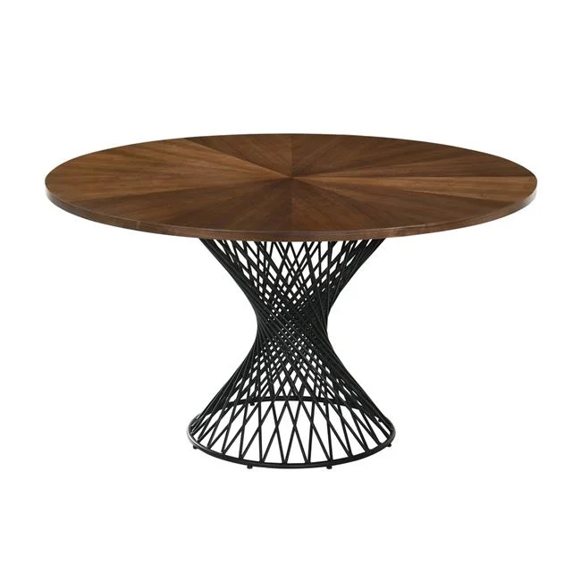 54 in. Cirque Round Mid-Century Modern Pedestal Wood Dining Table with Metal Base, Epoxy Black & Walnut