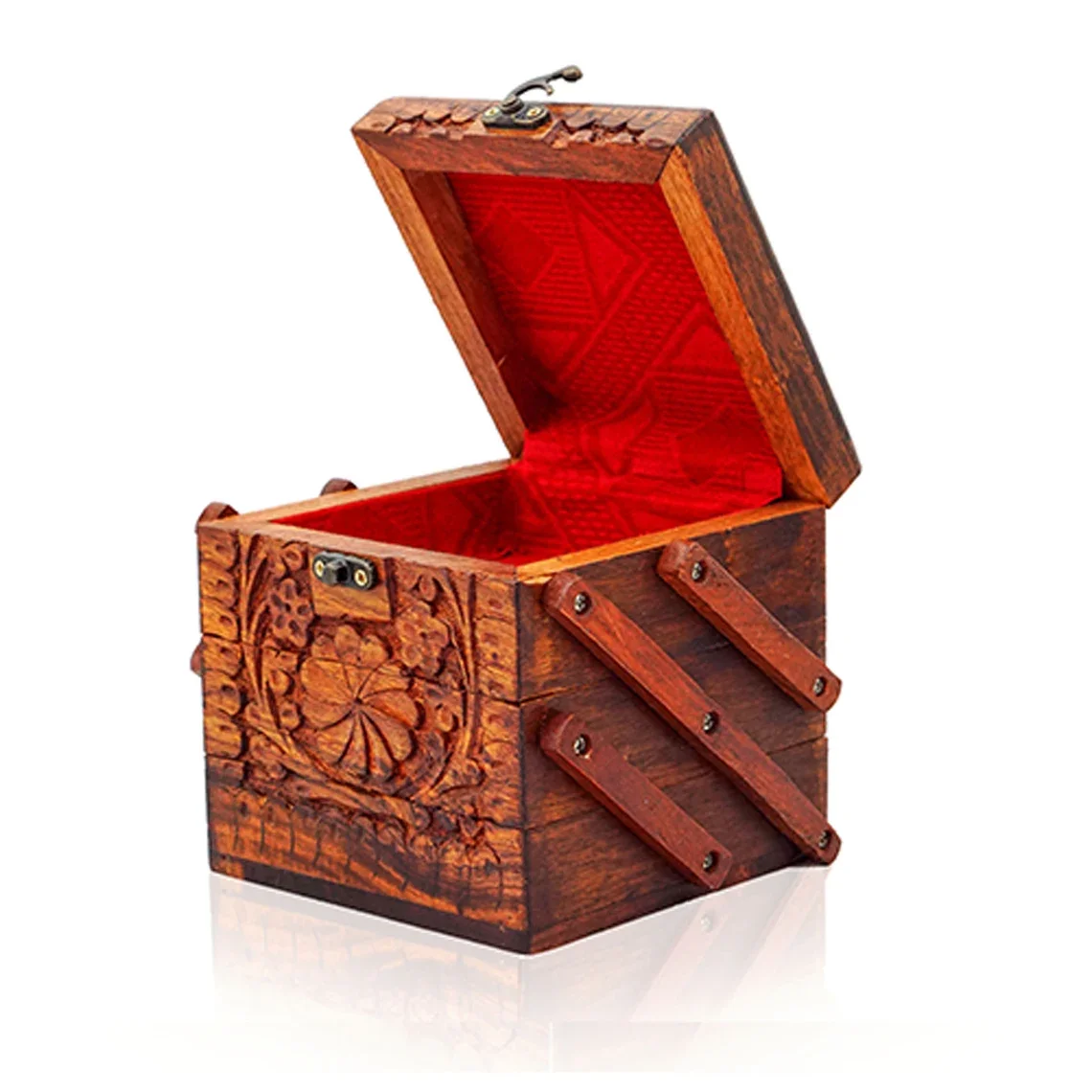 Zecky - 3 Layers Standing Jewellry Box for women, Hand Carved Wooden Jewelry Organizer Container with Lock for Earring Rings Necklaces Bracelets Sunglasses