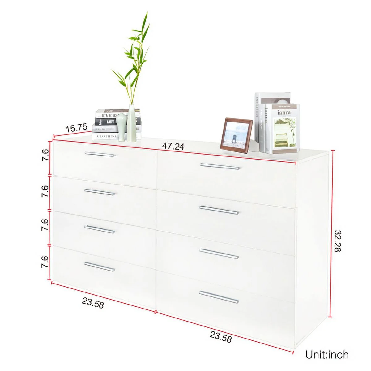 Fithood FCH 8 Drawer Double Dresser for Bedroom, Wide Storage Cabinet for Living Room Home Entryway, White