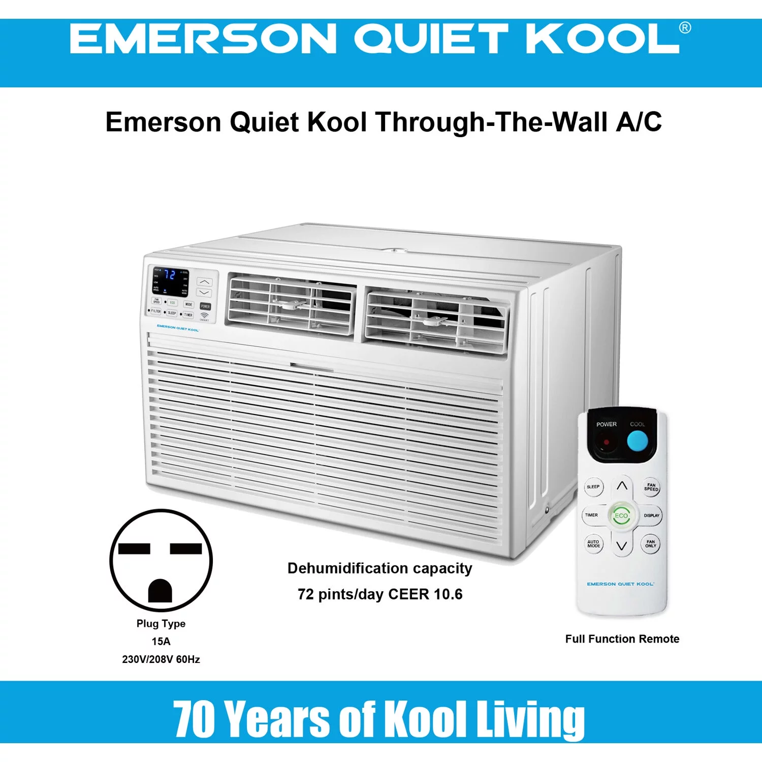 Emerson Quiet Kool 12,000 BTU 230-Volt Through-the-Wall Air Conditioner with Wi-Fi, White