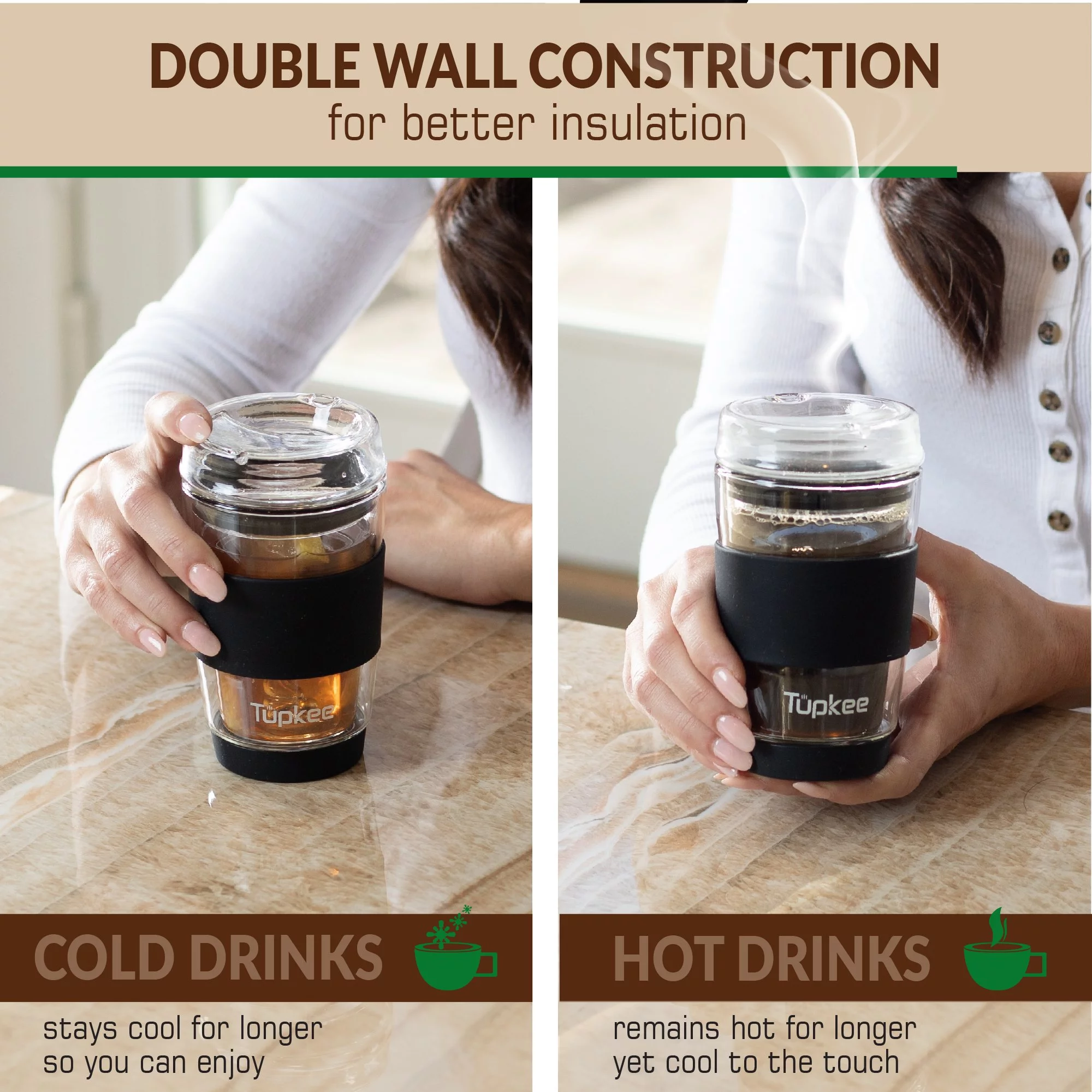 Tupkee Double Wall Glass Tumbler - All Glass Reusable Insulated Tea/Coffee Mug & Lid, Hand Blown Glass Travel Mug, 8-Ounce, Black