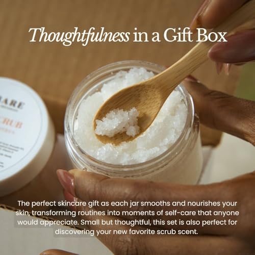 Bare Botanics 3 pc Body Scrub Gift Set - Ready to Gift Naturally Scented Sea Salt Scrub Made in Madison, WI - Formulated w/Skin Loving Moisturizers - Vegan, Cruelty Free Exfoliator w/a Cute Spoon