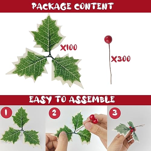TIHOOD 300PCS Artificial Holly Berries with 100PCS Green Leaves Gold Silver Red Holly Berry Stems with Leaves Artificial Holly Leaves and Berries for Christmas Wreath Arrangement Cake Toppers Craft