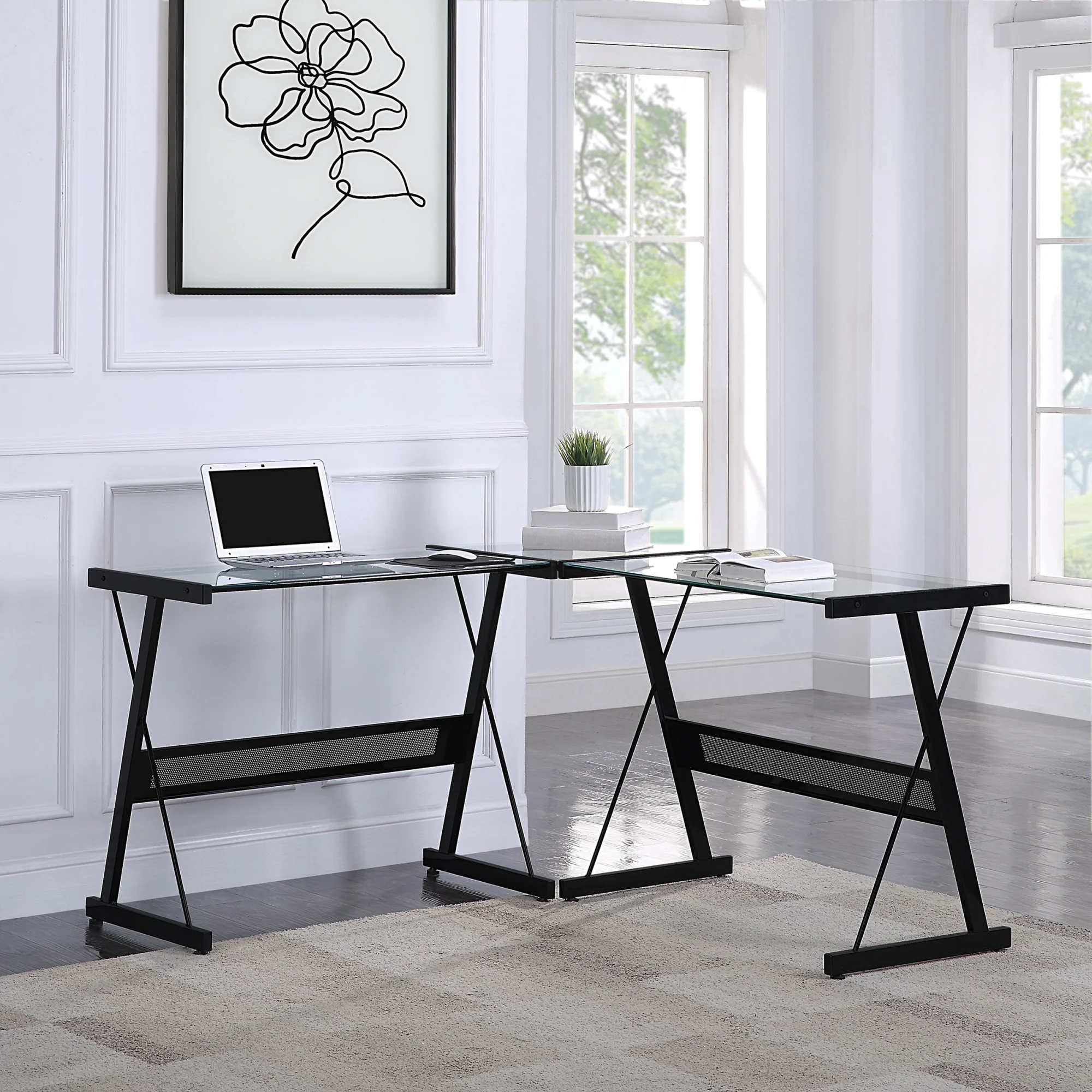 OSP Home Furnishings Prime Glass & Metal L-Shape Desk