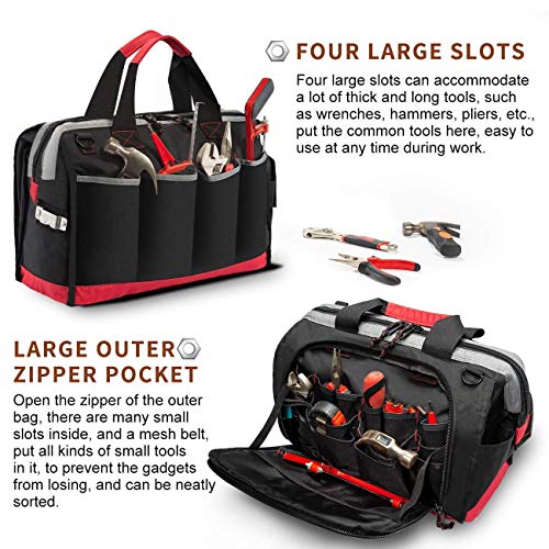 Waterproof Tool Bags for Men or Women, 16-inch Wide Mouth Tool Tote Bag with 25 Pockets for Tool Organizer & Storage, with Adjustable Shoulder Strap (16IN, Black/Red)