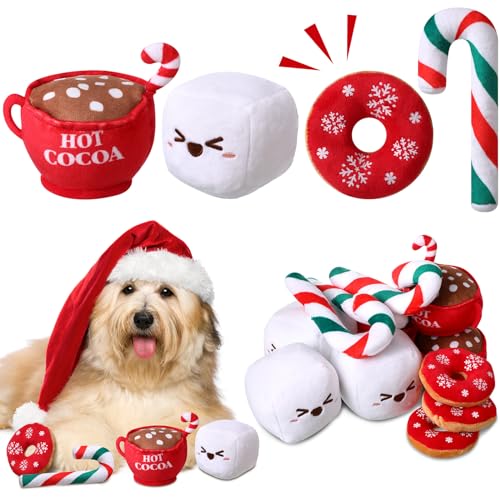 Syhood 12 Pack Dog Toys in Coffee Theme Squeaky Dog Toys Gift for Small Medium Dogs Interactive Pet Chew Toys Include Marshmallow, Hot Cocoa Cup, Candy Cane, Donut