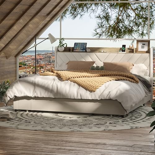 Bed Frame Queen Size with Headboard, Upholstered Platform Bedframe with 3 Underbed Storage Drawers, AC USB & Type C Charge Station,Wooden Support Slats No Box Spring Needed Easy Assembly,Beige