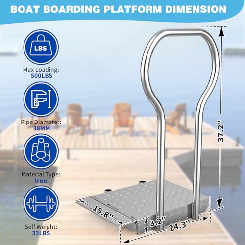 Boat Boarding Platform with Handrail, Foldable Dock Boarding Platform with Handle(500LBs Capacity,Silver)