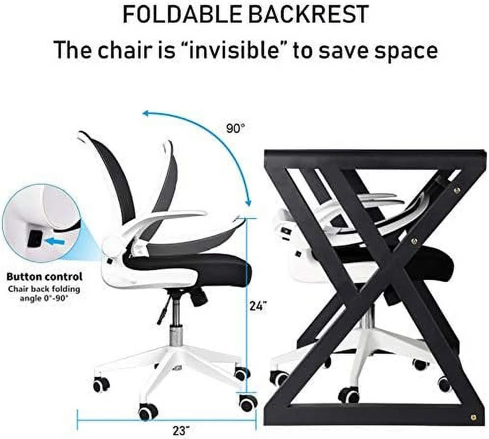 xrboomlife Home Office Desk and Chair Set  Breathable Mesh Computer Chair and Modern Glass Top Computer Desk with Metal Frame  Flip-Up Arms Foldable Backrest Rolling Swivel Chair  Home St