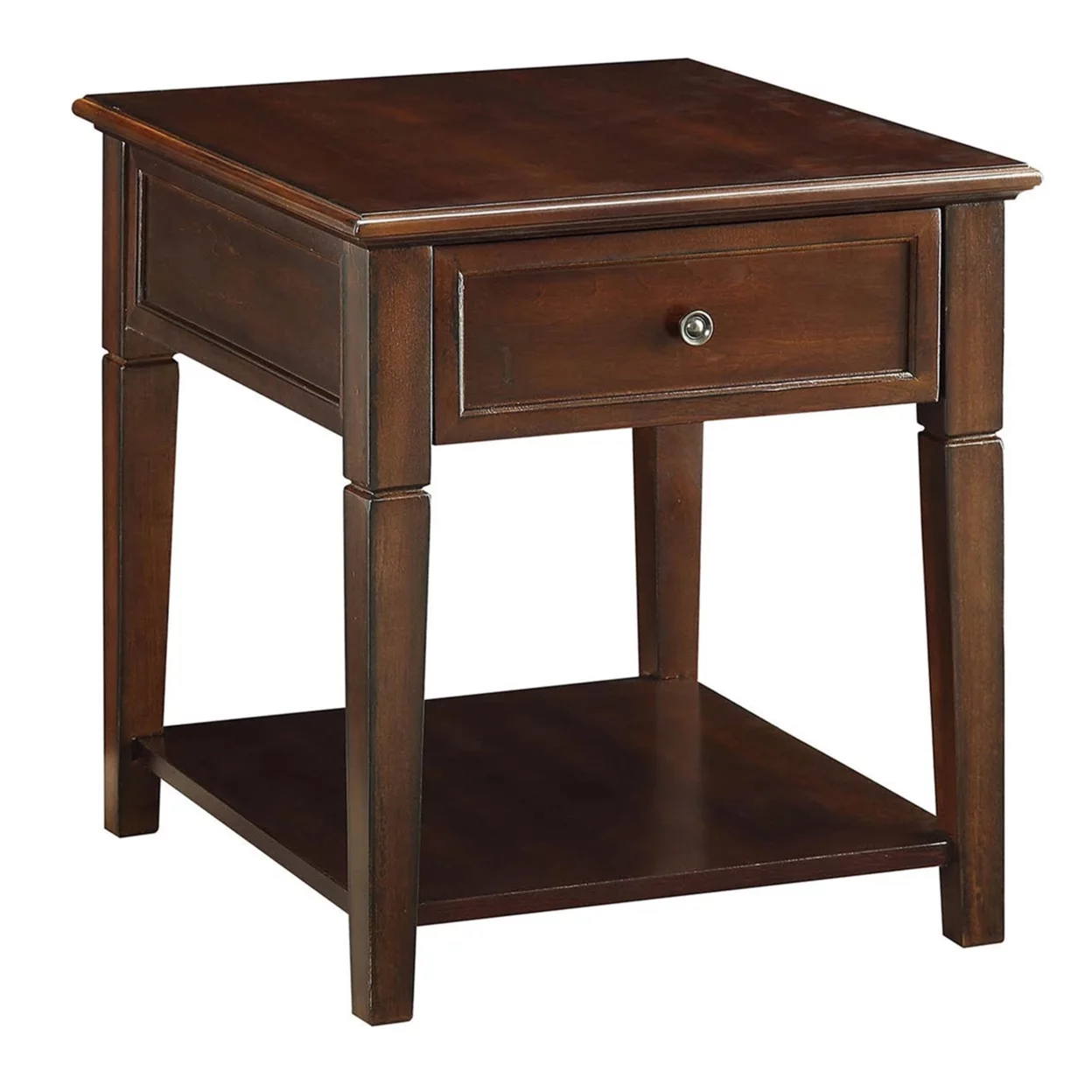 Wooden End Table with One Drawer and One Shelf, Walnut Brown- Saltoro Sherpi