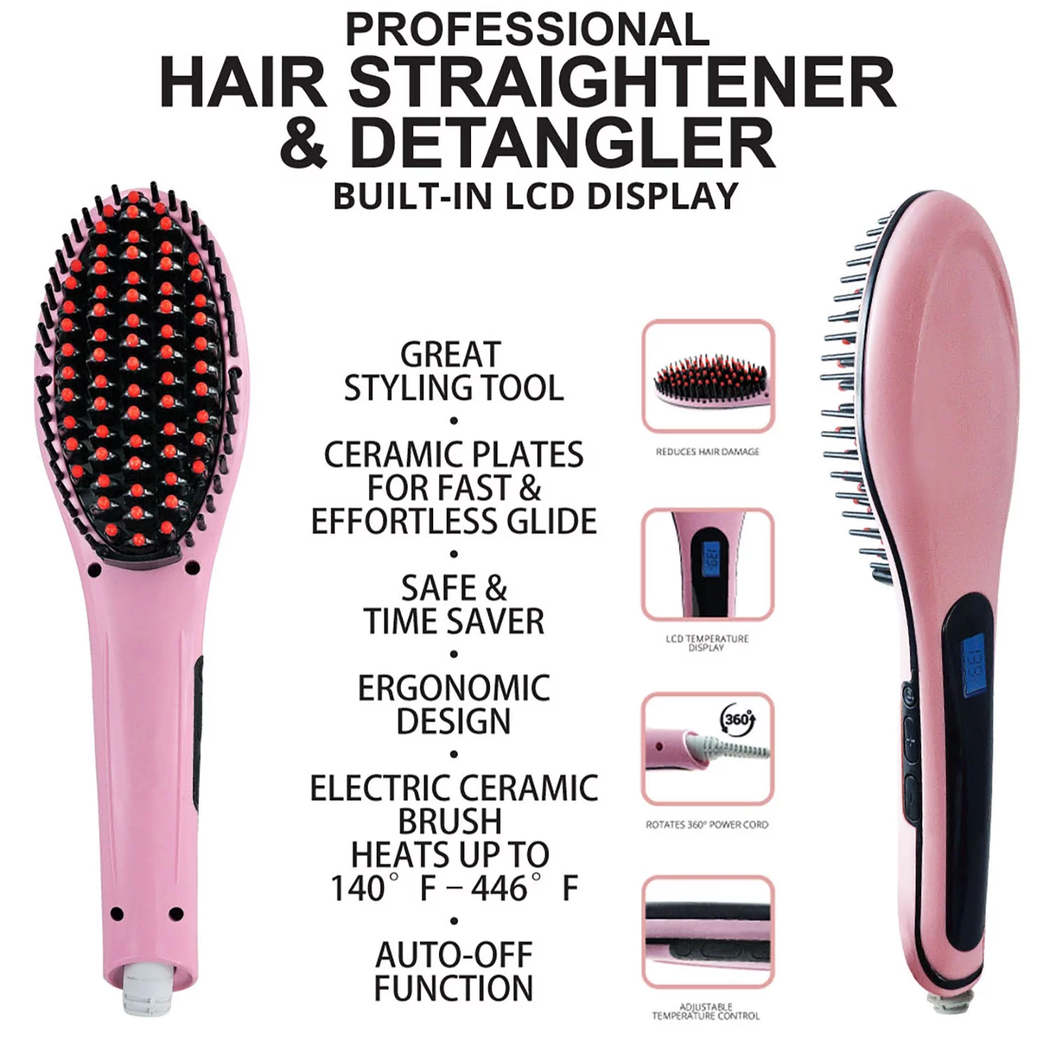 Grand Innovations Spa Professional Hair Straightener, Detangler Brush for Salons Home Ceramic Pink
