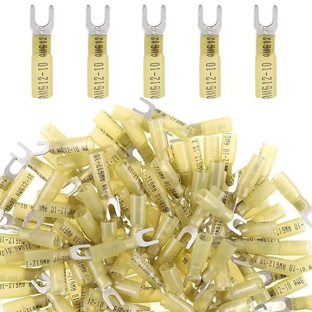 Glarks 50pcs 12-10 Gauge #10 Heat Shrink Fork Connectors Electrical Insulated Fork Crimp Terminals Connectors Assortment Kit (Yellow)