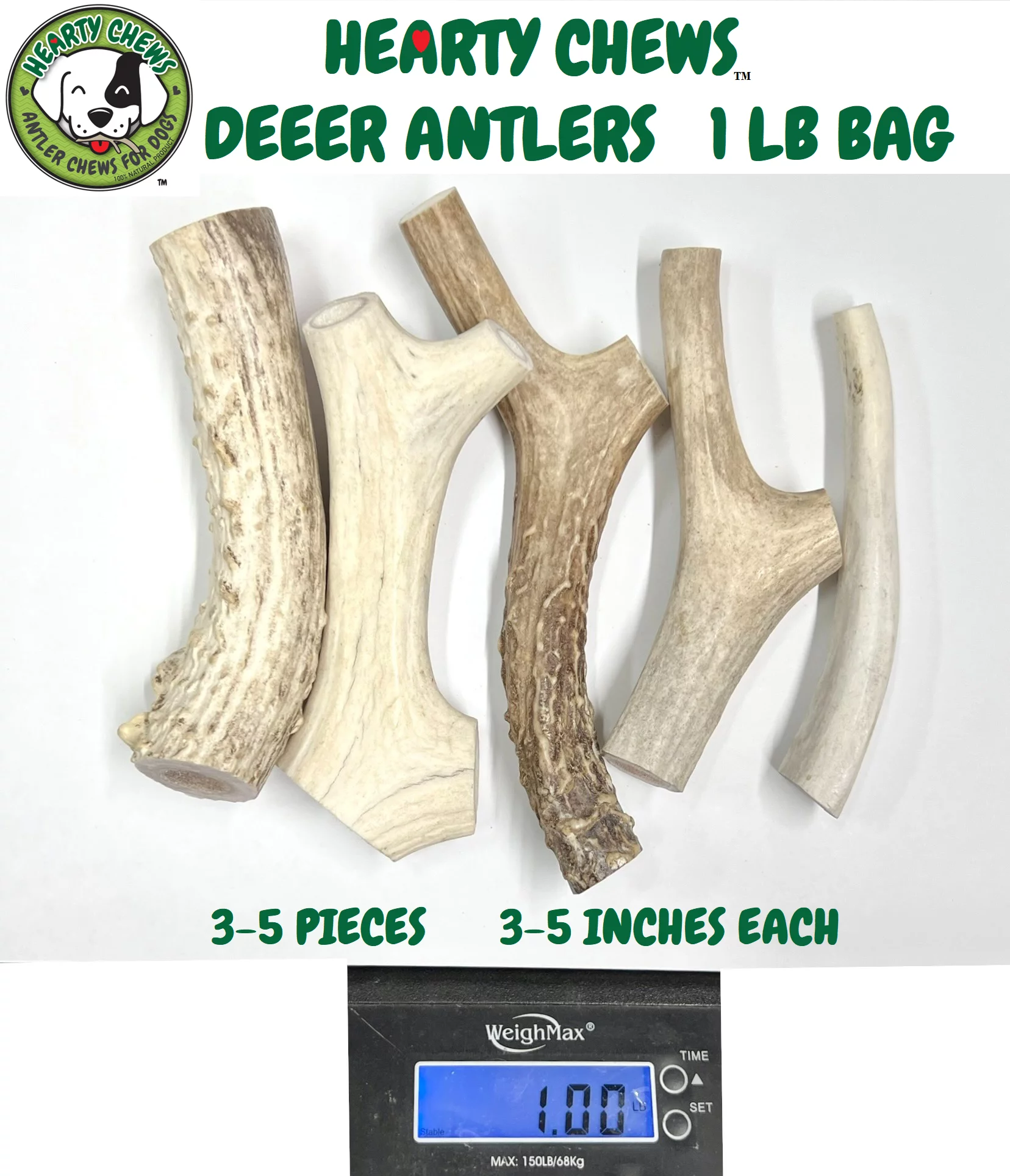 Hearty Chews - Premium DEER Antlers for Dogs, 100% Natural Organic Grade A Antler Dog Bone, Supports Teeth & Gum Health, Dog & Puppy Treat from Heartland Regions - 1 LB Bag (About 3-5 inch pieces)