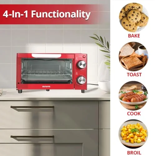 Aiwa 4-Slice Countertop Toaster Oven with Baking Tray, Bake Toast Cook and Broil, Temperature Control, 60 Minute Timer Knob, Automatic Shutoff, Baking Tray and Crumb Tray Included, Red