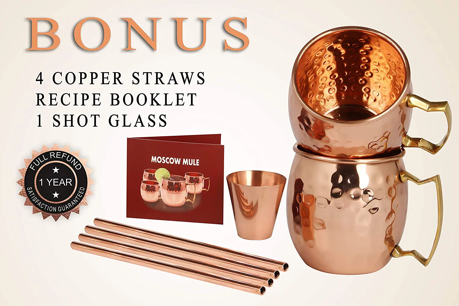 A29 Moscow Mule 4 Handcrafted Copper Mugs & 4 Copper Straws & Shot Glass