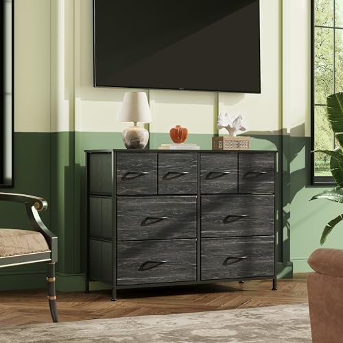 WLIVE Led Dresser for Bedroom, TV Stand for Bedroom with LED Lights and Power Outlet, Wide Chest of Drawers for Hallway, 8 Fabric Drawers for Living Room and Entryway, Charcoal Black Wood Grain Print