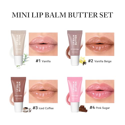 4Pcs Hydrating Lip Gloss Set, Mini Lip Butter Balm Pack, High Shine Glass Finish Lip Moisturizing Plumping Lip Gloss Shiny Jelly Liquid Lipstick for Women