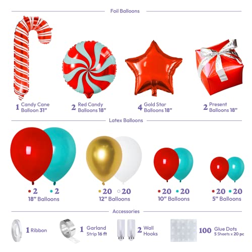 HOUSE OF PARTY Christmas Balloon Arch Kit - Red and Green Christmas Balloons with Candy Cane Foil Balloons, Star | Foil Balloons for Xmas Party Decorations