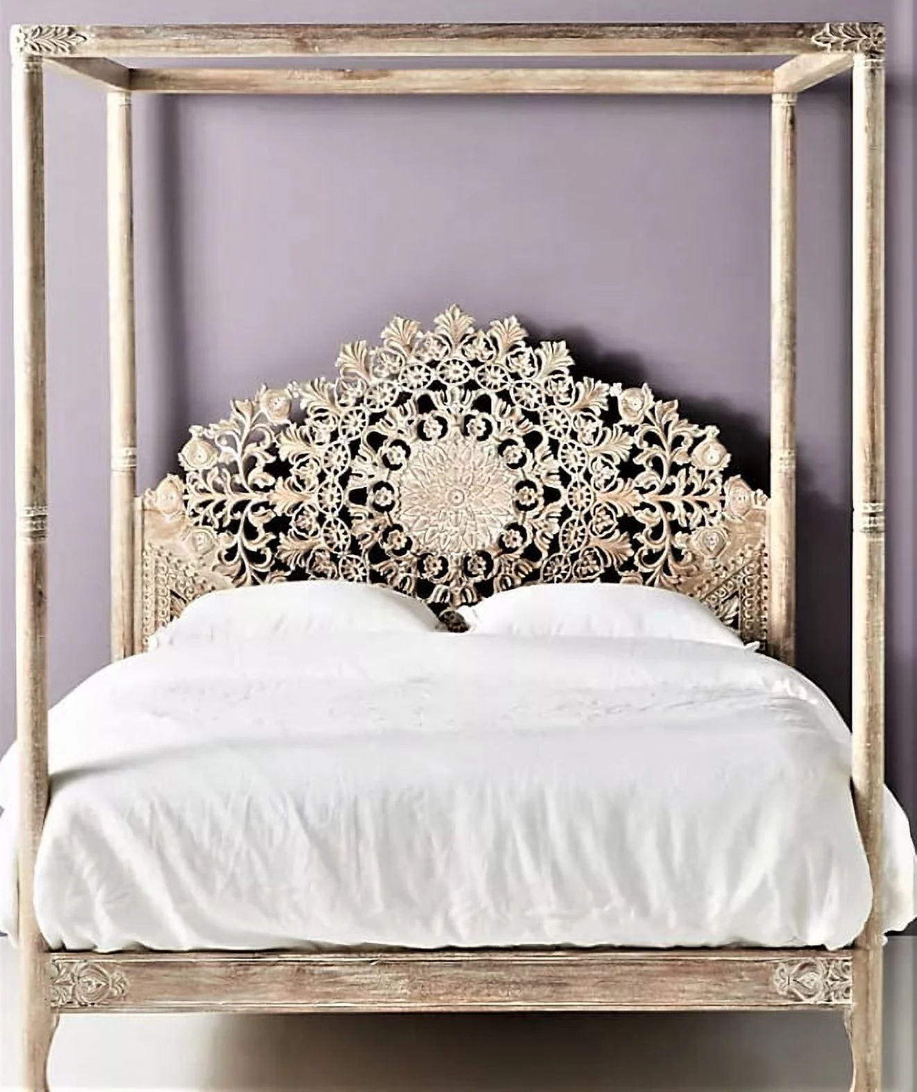 Shahi Mughal Hand Carved Indian Wooden Canopy Platform Queen Size