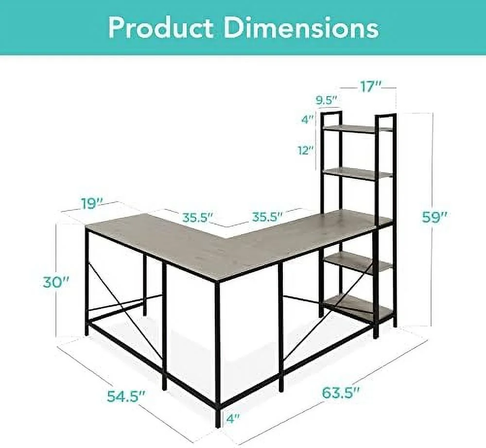 HJZBNONE L-Shaped Corner Computer Desk  Large Study Workstation  w/Multifunctional 5-Tier Open  Bookshelves  Custom Setup for Home  Office - Gray/Black