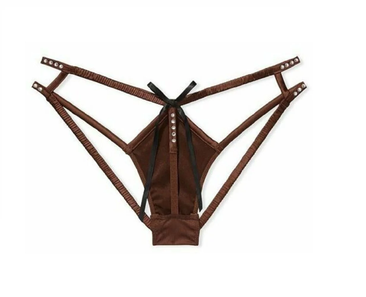 Victoria's Secret Dream Angels Strappy Satin Shine Rhinestones Cheeky Panty Espresso Brown Size Large New