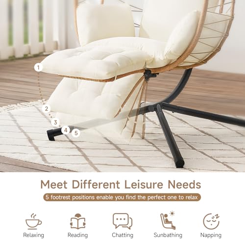 Hanging Egg Chair with Adjustable Footrest & Stand, Wicker Rattan Swing Hammock Chair with Cushion & Double Chains, 350LBS Capacity for Outdoor & Indoor Patio, Deck, Bedroom, Balcony (BL-GR)