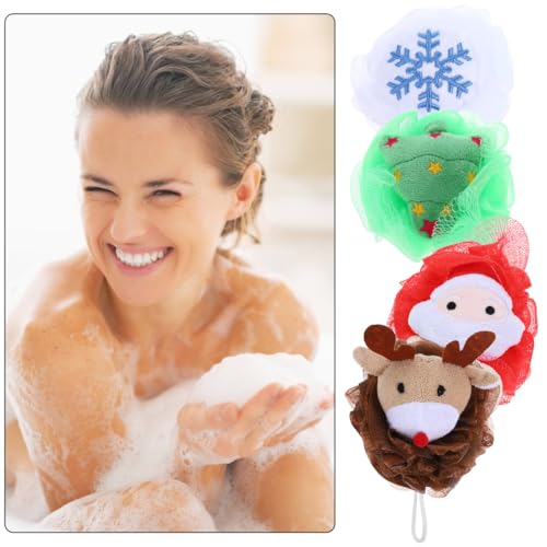 POPETPOP 4 Pcs Christmas Exfoliating Loofah Bath Balls, Creative Christmas Style Body Scrubber, Santa Claus Shower Sponge, Body Scrubber Exfoliator for Kids Women Gentle Cleansing