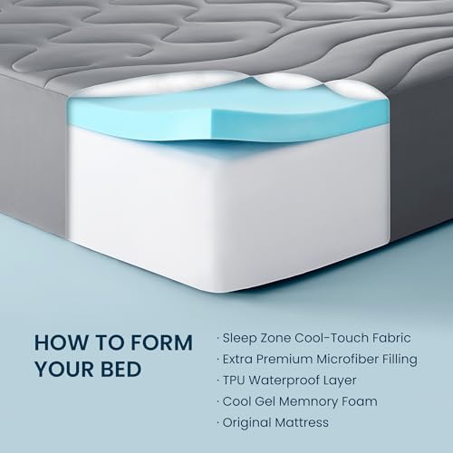 SLEEP ZONE Dual Layer 4 Inch Memory Foam Mattress Topper, 2 inch Cooling Gel Memory Foam Plus 2 inch Alternative Pillowtop Mattress Pad Cover for Back Pain, Comfort Support (Queen)