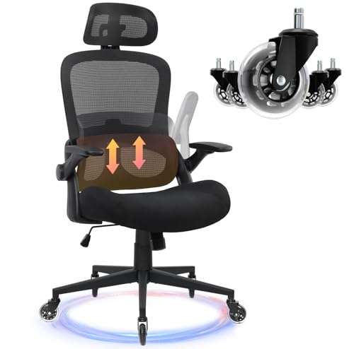 Ergonomic Mesh Office Chair, High Back Desk Chair with Up&Down Lumbar Support, 3D Armrests and 2D Headrest, Wide Memory Foam Seat, Swivel Computer Chair, Tilt Function (Black)