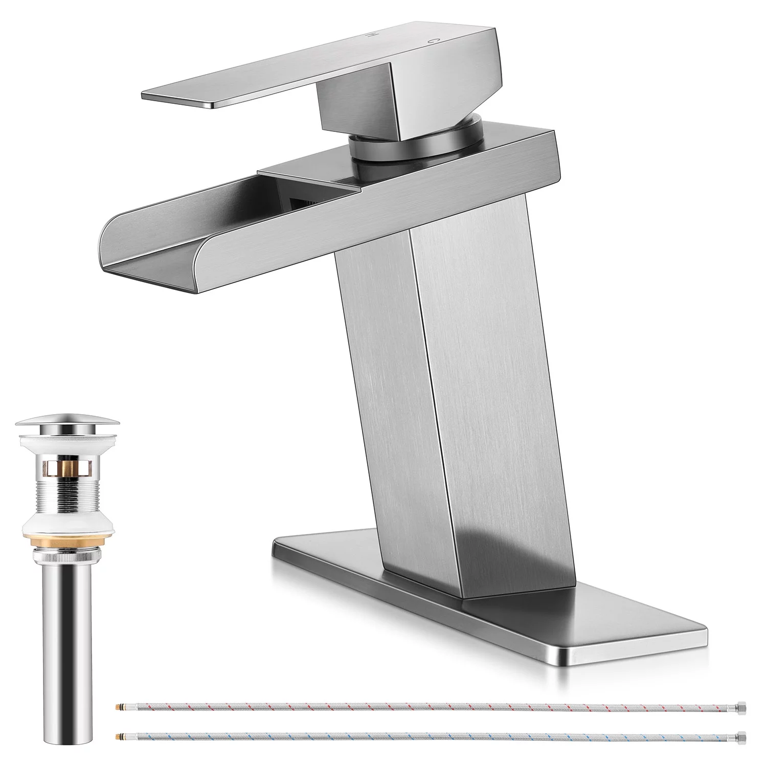 Vesteel Bathroom Faucet, Modern Waterfall Spout Bathroom Sink Faucet for 1 & 3 Holes Sink, Single Handle Faucet with Metal Deck Plate and Pop-up Drain
