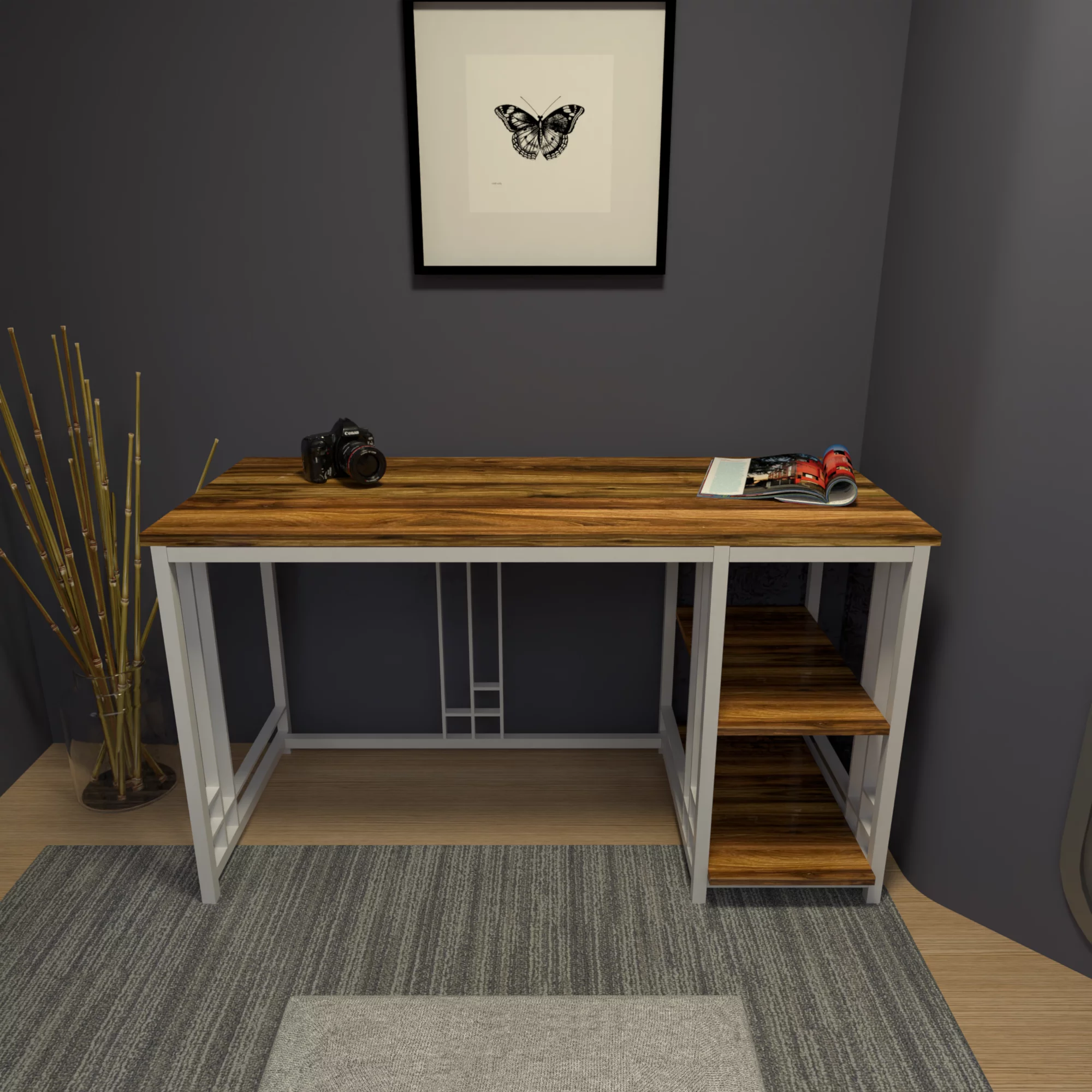 Modern Metal Leg Desk with 2 Shelves for Office or Home Use