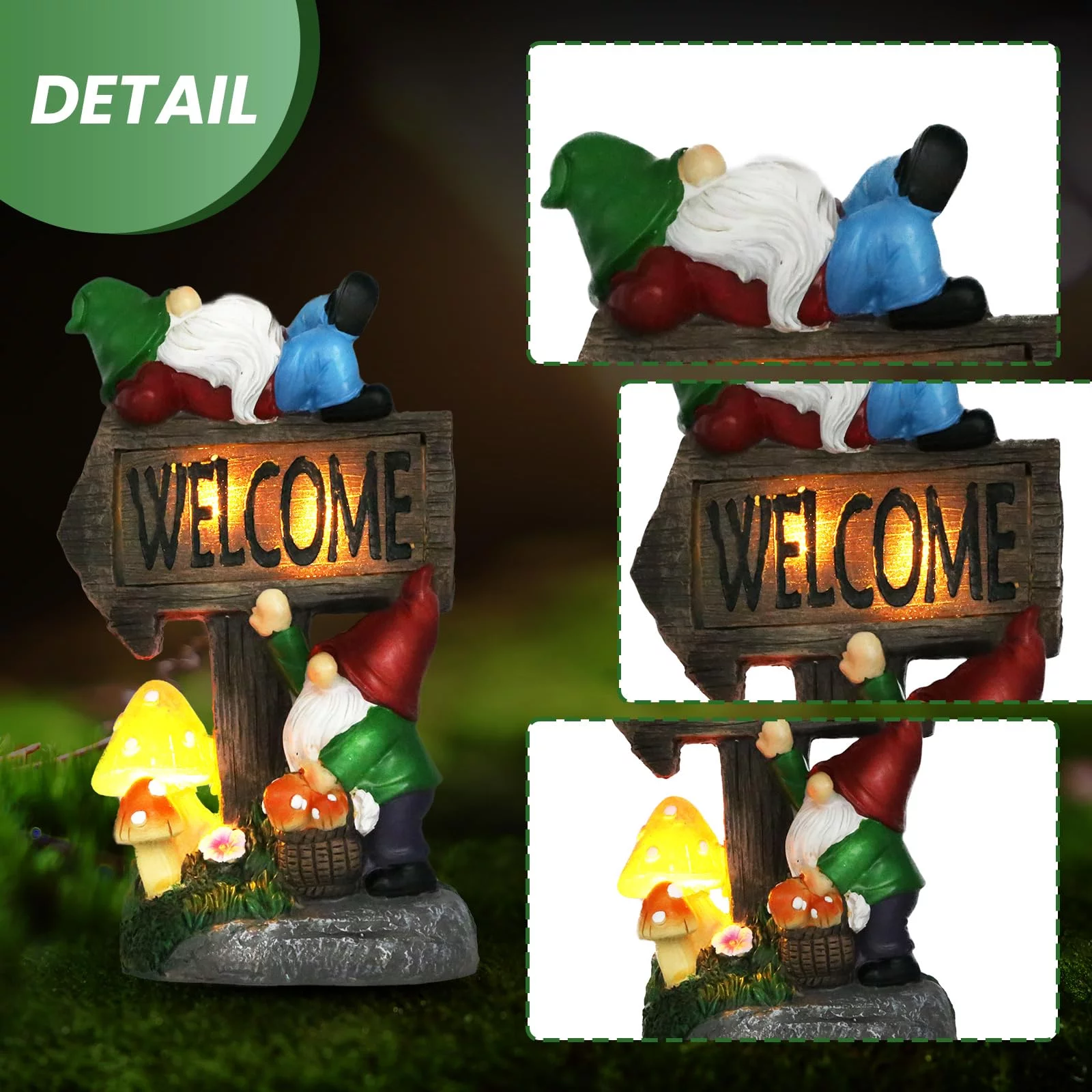Molumo Solar Garden Gnome Statue 10 inch Resin Gnome Figurine with Solar Mushroom Light and Welcome Sign for Outdoor Patio Garden Decorations