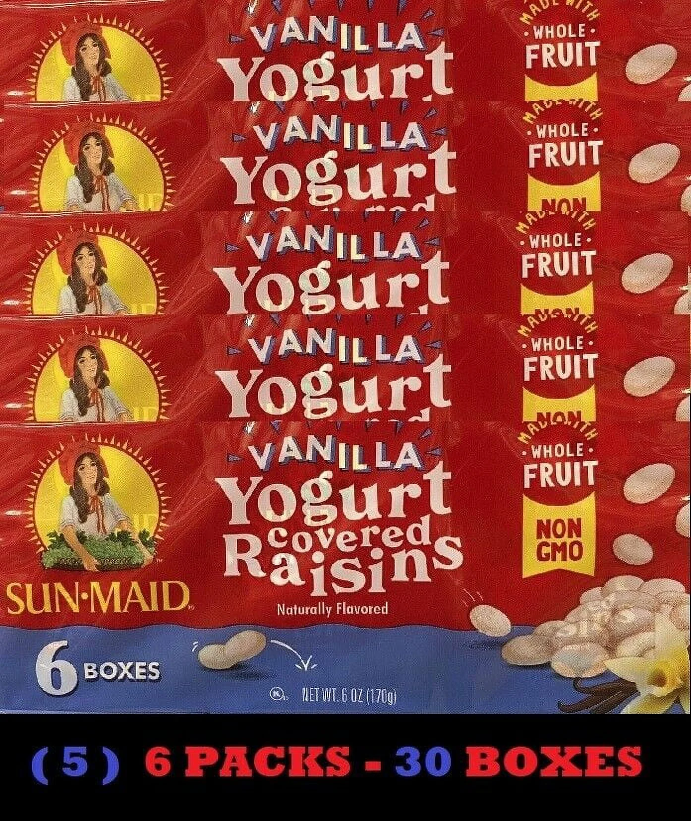 5x Sun-Maid VANILLA YOGURT Covered California Raisins Sun Dried NON GMO 30 BOXES
