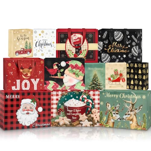 STYPOP 24 Pack Christmas Gift Bags Assorted Sizes, Reusable Non-Woven Christmas Tote Bags with Handles, Perfect for Gift Wrap/Party Favor Supplies (6 Extra Large 8 Large 10 Medium)